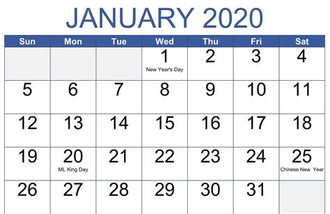 Janaury 2020 Calendar